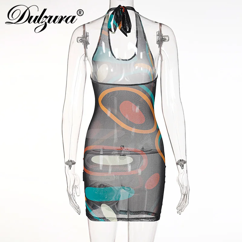 

Dulzura Tie Dye Print Women Halter Mesh Mini Dress Lace Up Backless Bodycon See Through Sheer Sexy Streetwear 2021 Autumn Winter