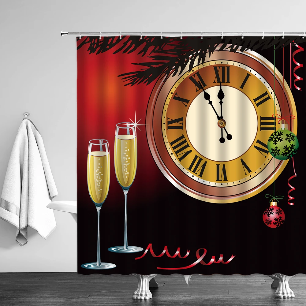

Merry Christmas Decor Shower Curtains New Year Winter Snowy Christmas Clock Bath Curtain Waterproof Moisture-proof With Hooks