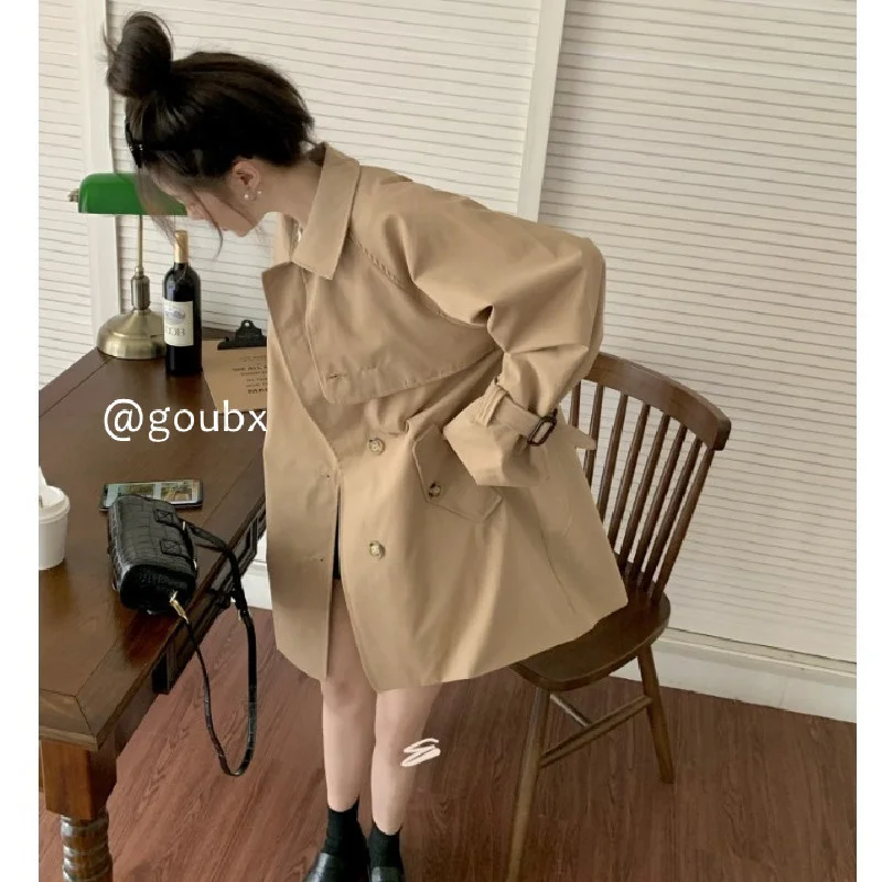 

Khaki Polo Collar Coat for Women 2021 New Autumn Small Mid-Length Leisure Overcoat Coat