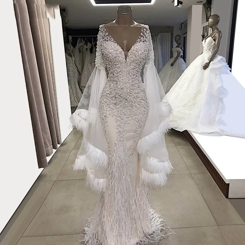 White Wendding Dresses Feather Long Sleeves Mermaid Bride Party Gowns 2019 Couture V Neck Tulle Beaded Crystals Prom Dresses