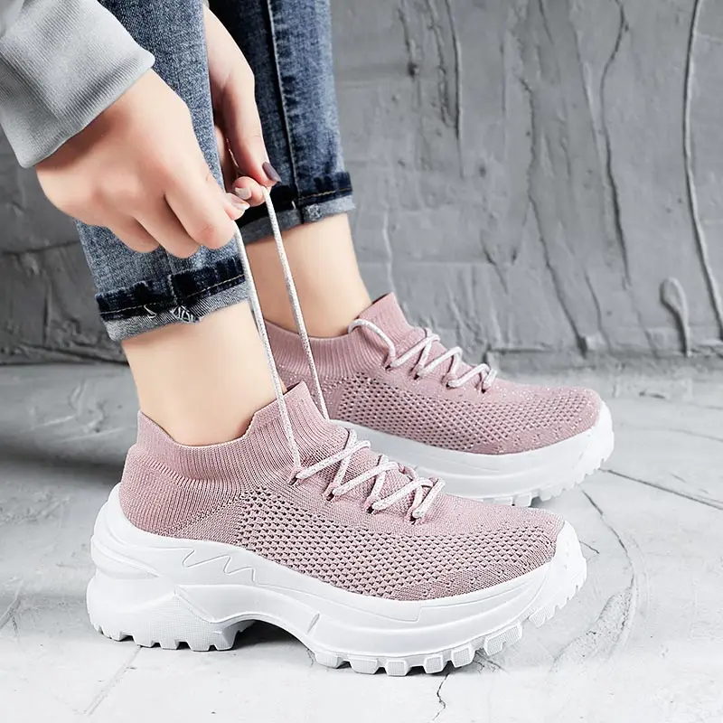 

Женские летние кроссовки на платформе, женская спортивная обувь 2020, женская спортивная обувь для бега, женская розовая трикотажная спортив...