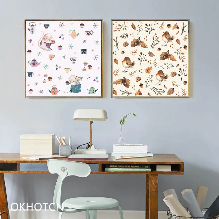 

Posters Canvas Painting Lovely Rabbit Animal Elephant Bird Leaves Cartoon Bunny Posters Nursery Wall Art Print Pictures Room