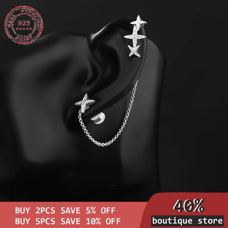 

S925 silver asymmetrical sterling star chain ear clip character earrings light new luxury brand monaco jewelry