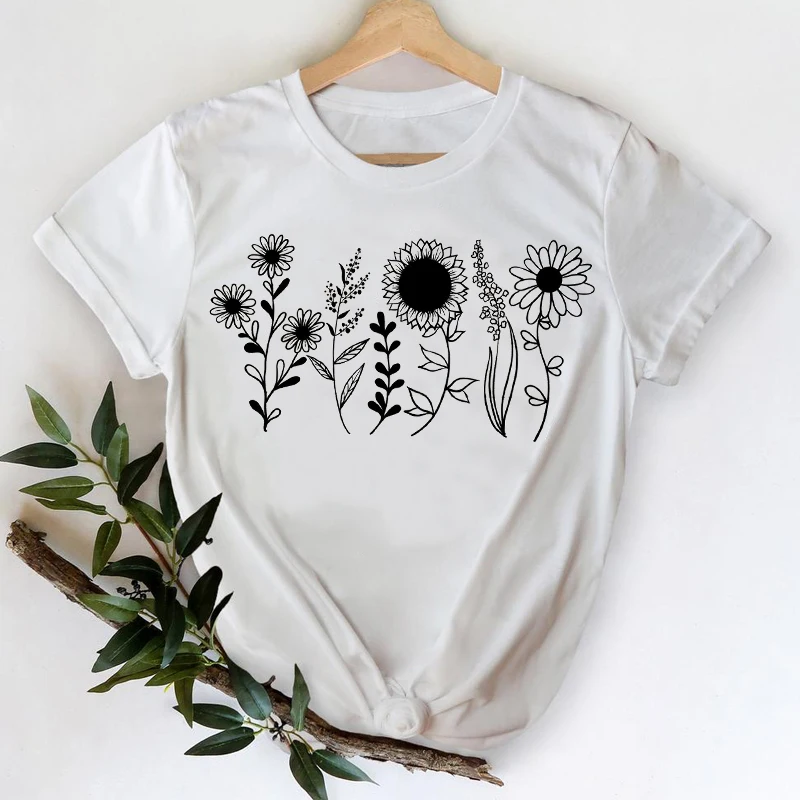 

T-shirts Women 2021 Printing Flower Style Casual 90s Fashion Trend Clothes Graphic Tshirt Top Lady Print Female Tee T-Shirt