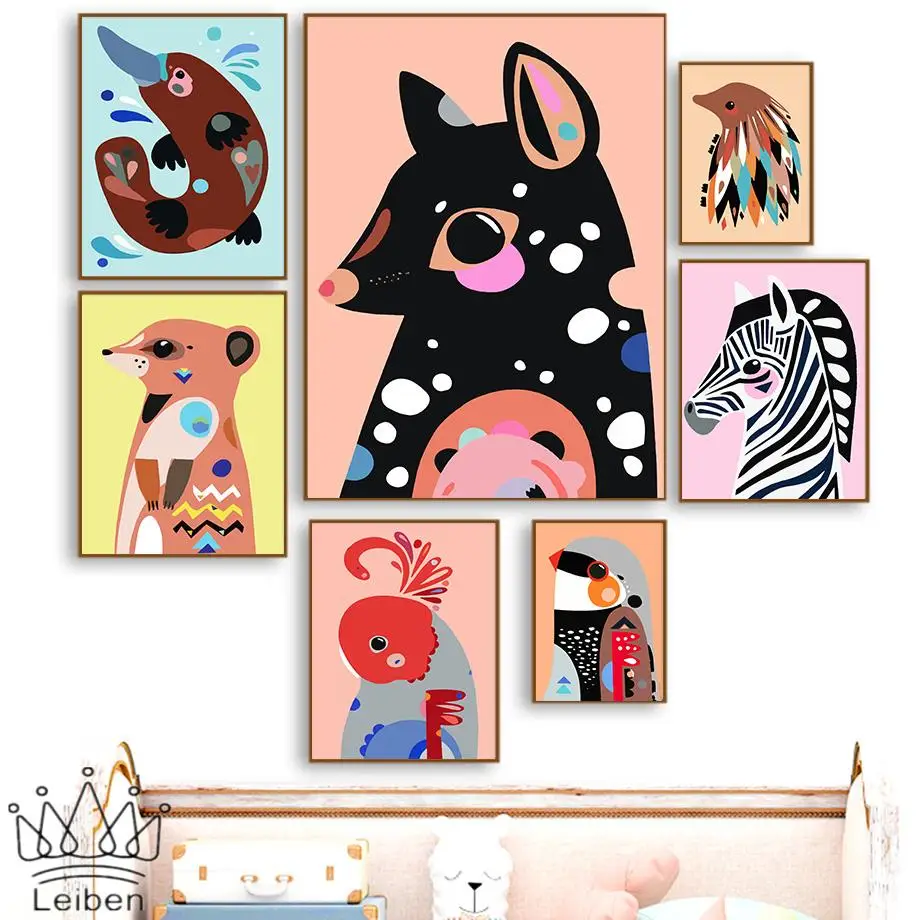 

Abstract Colorful Animal Wall Art Poster Platypus Zebra Piggy Parrot Canvas Painting Children's Room Decoration Nordic Picture
