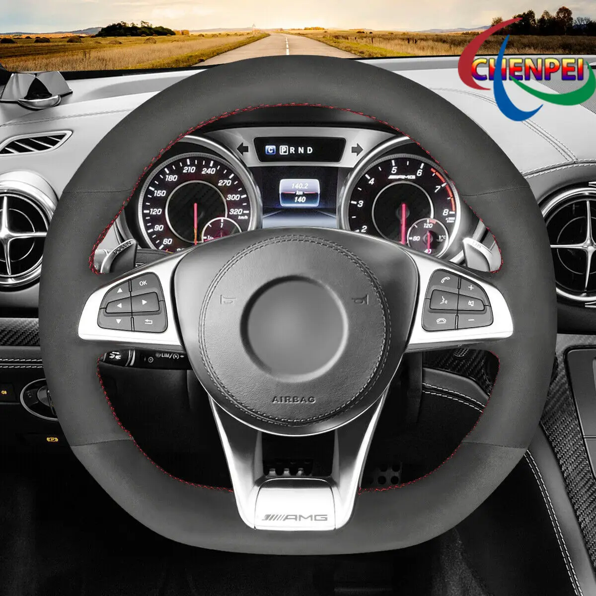 

DIY Hand-Sewn Black Suede Car Steering Wheel Cover For Benz C190 R190 W205 C117 C218 W213 X253 car Interior Accessories