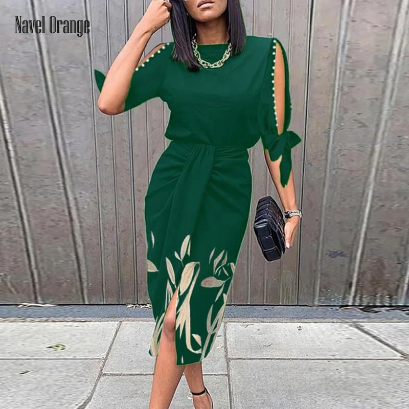 

Женское летнее платье с коротким рукавом и бантом, облегающее вечернее платье с круглым вырезом и разрезом, женская простая Милая уличная о...