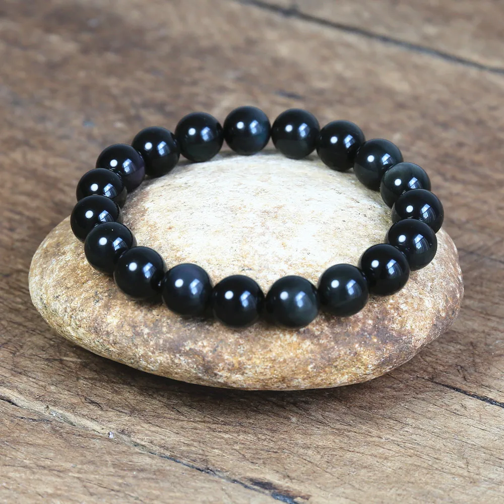 8-16mm Black Obsidian Natural Stone Beaded Bracelet Handmade Women Men Jewelry Strand Charm Bracelet