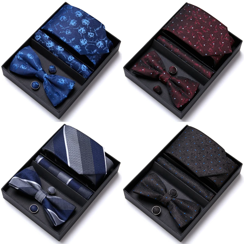 

High Grade Jacquard Nice Handmade Festive Gift Bow Tie Handkerchief Pocket Squares Cufflink Set Necktie Box Man's Fit Group