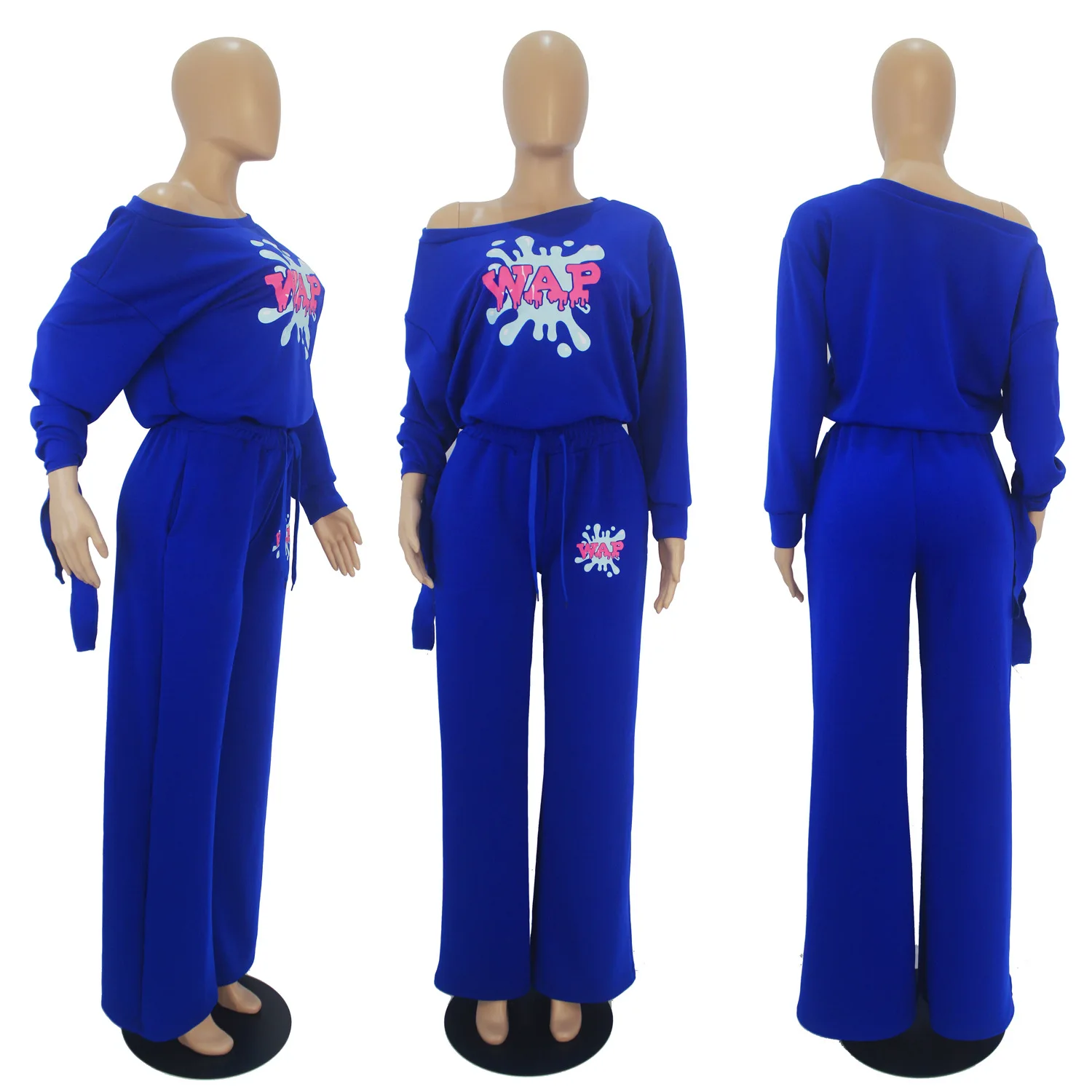 

Casual Solid Letter Printed Long Sleeve Knotting Top Wide Leg Pants Two Piece Set Tracksuit Women Matching Sets Ropa Mujer