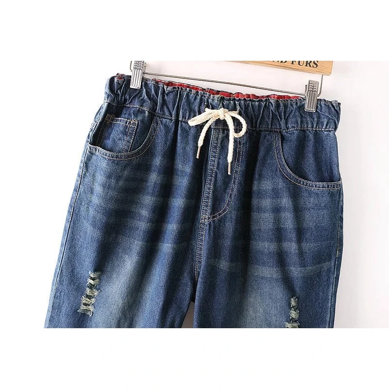 Модные женские джинсы размера плюс джинсовые Короткие Голубые Джинсы средней