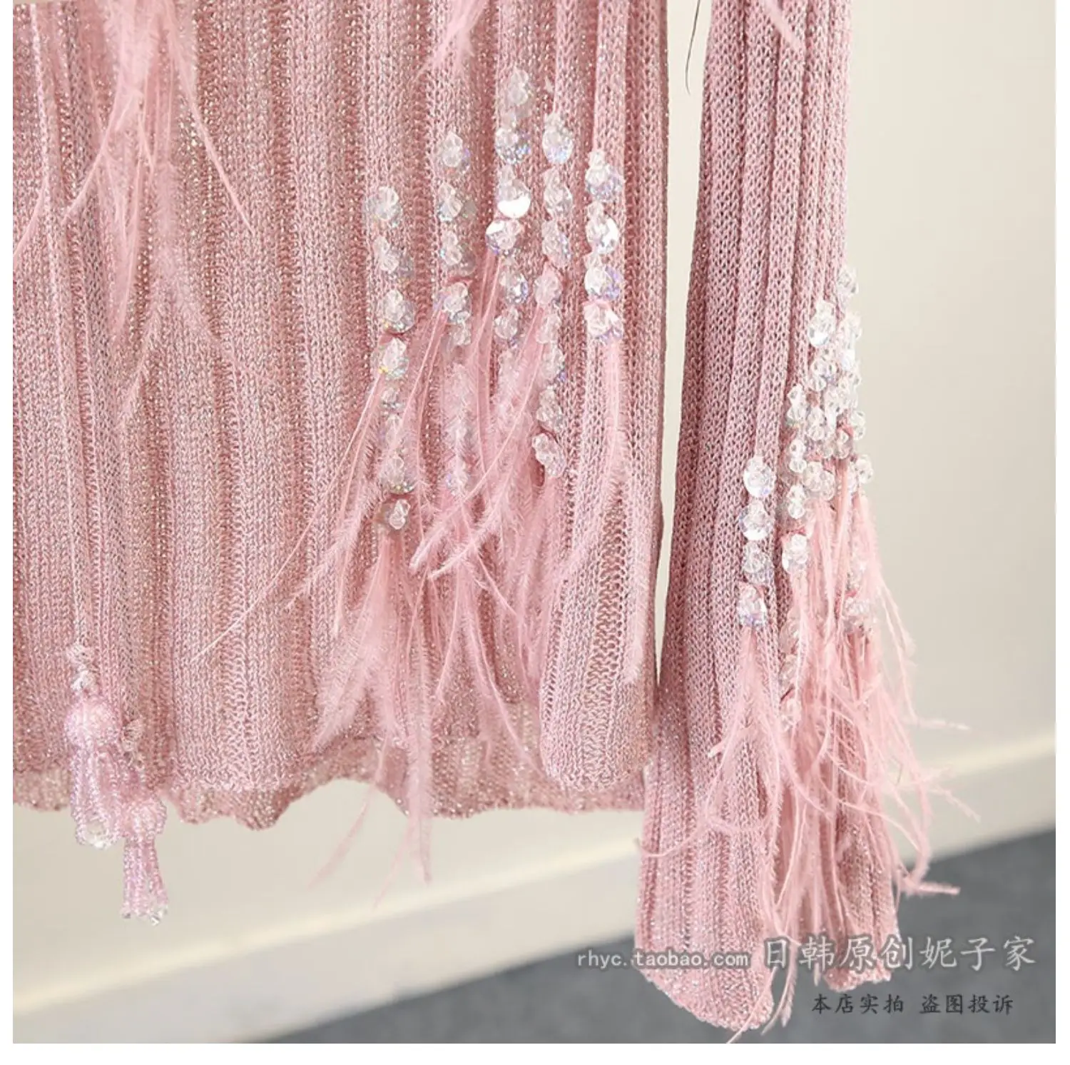 Украшенный перьями свитер женский с пайетками тонкий v-образный вырез отделка