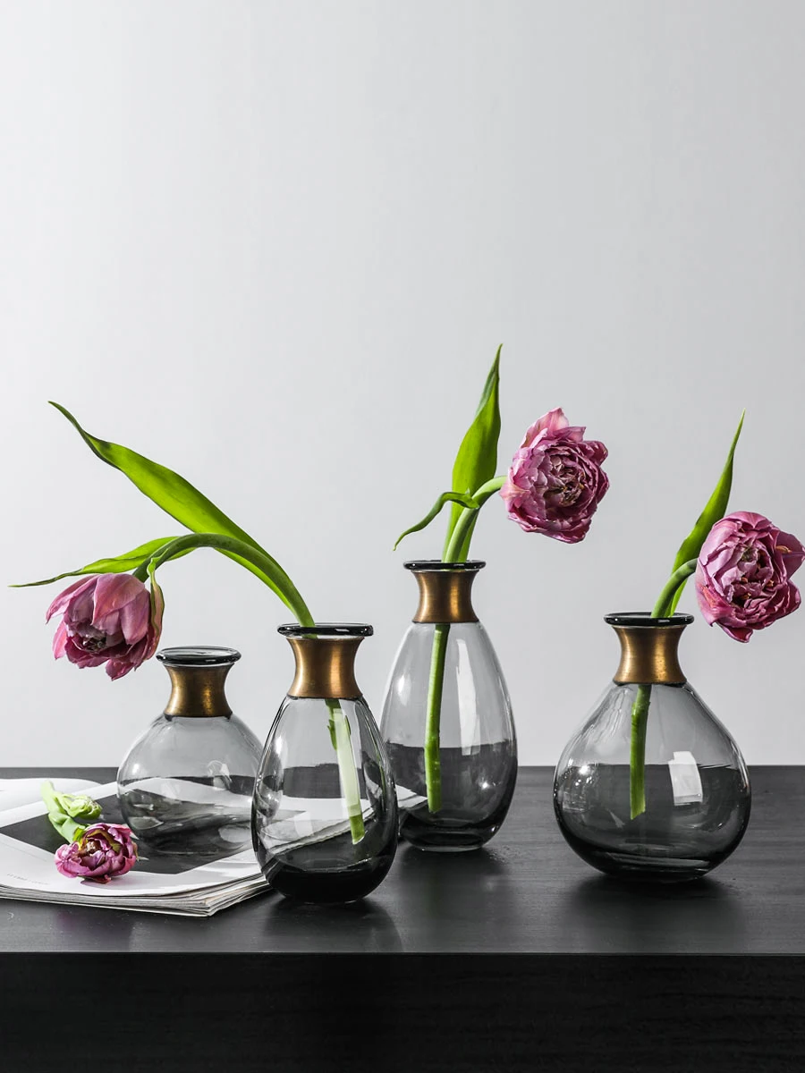 

Modern Glass Vase Copper Ring Small Mouth Flower Pot Bottle Terrarium Hydroponic Systems Desk Aesthetic Room Home Decoration