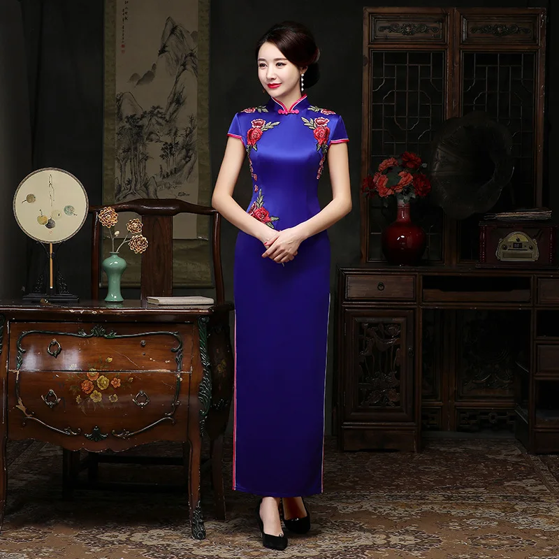 

Ladies Polyester Cheongsam Flower Spring Chinese style Mandarin Collar Long Dress Womens Qipao Slim Party Dresses Vestido S-5XL
