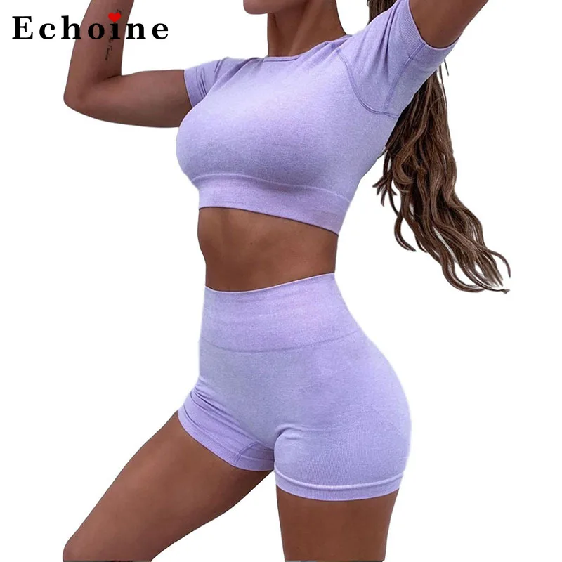 Летний женский комплект из 2 предметов однотонный спортивный костюм для фитнеса