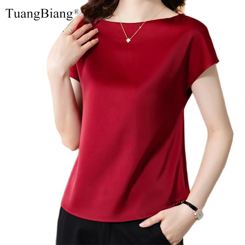 

2022 Satin Simple Fashion O-Neck Woman T-Shirts Summer Batwing Sleeve Elegant Green Tshirt Female Peacock Blue Loose S-XXXL Tops