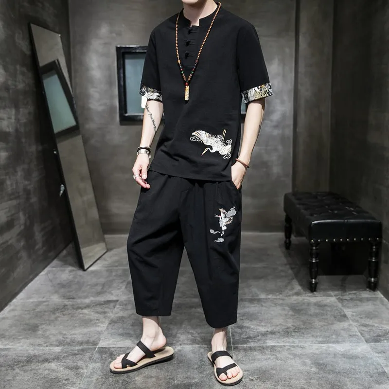 

2021 New Summer Suit Tang Suit Flying Crane Embroidery Chinese Style Men's Large Size Suit T-shirt Cropped Trousers