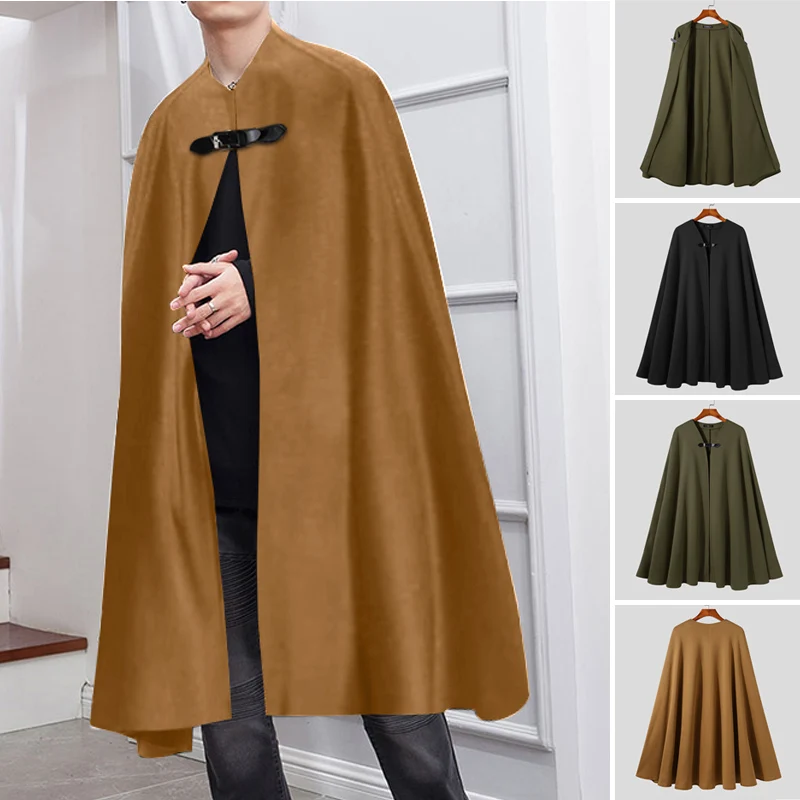 

Накидка INCERUN Мужская на одной пуговице, однотонная модная повседневная Уличная одежда, пончо, элегантный Свободный Длинный плащ, осень