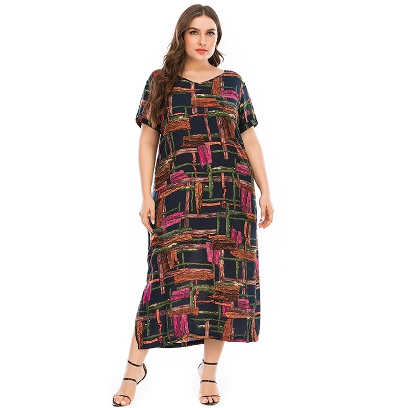 

2021 Summer Plus Size Dress Women V Neck Short Sleeve Colorful Plaid Print Casual Robe Elegant Side Split Maxi Long Dresses