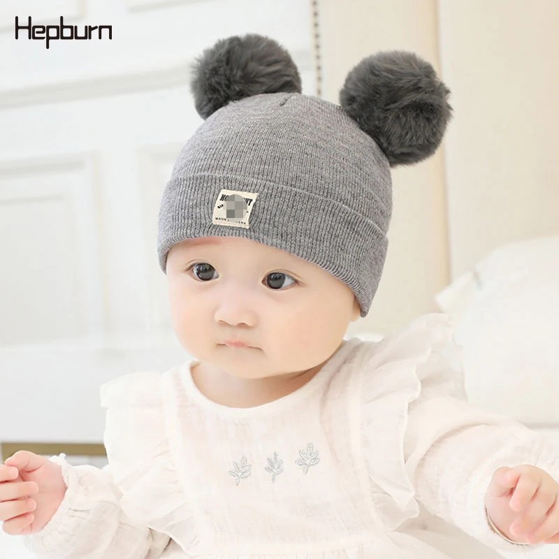 Хепберн бренд двойной пушистый помпон ручной вязки теплая шапка для детей