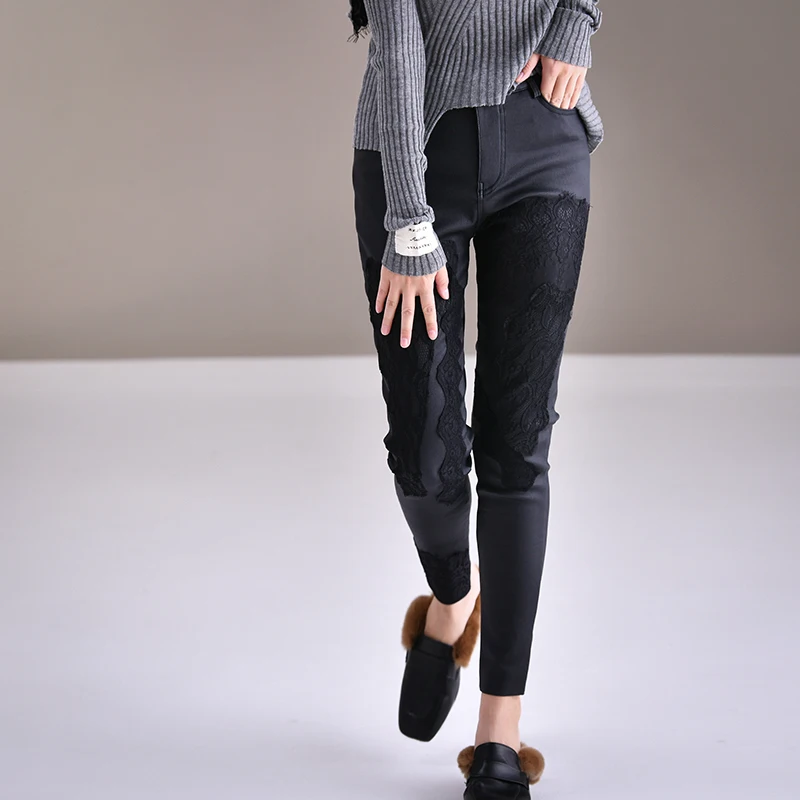 MICOCO K8850 Корейская версия черного кружевного коллажа растягивающееся стройное