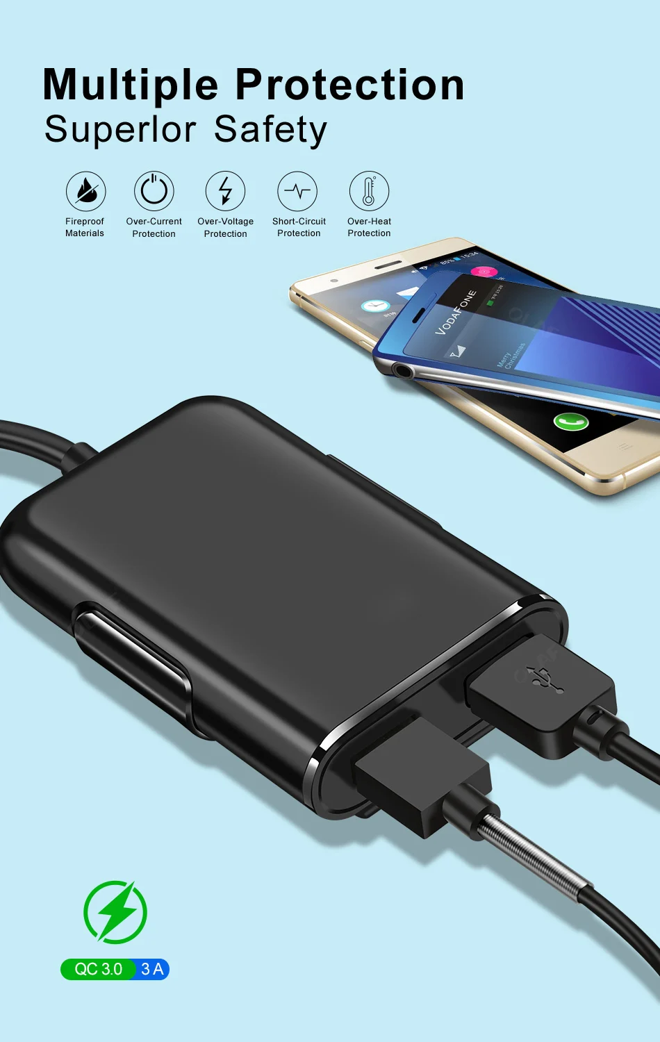 36 Вт Быстрая зарядка 3,0 USB Автомобильное зарядное устройство+ QC3.0 переднее заднее сиденье зарядное устройство 4 порта автомобильное зарядное устройство для iPhone планшет Samsung GPS