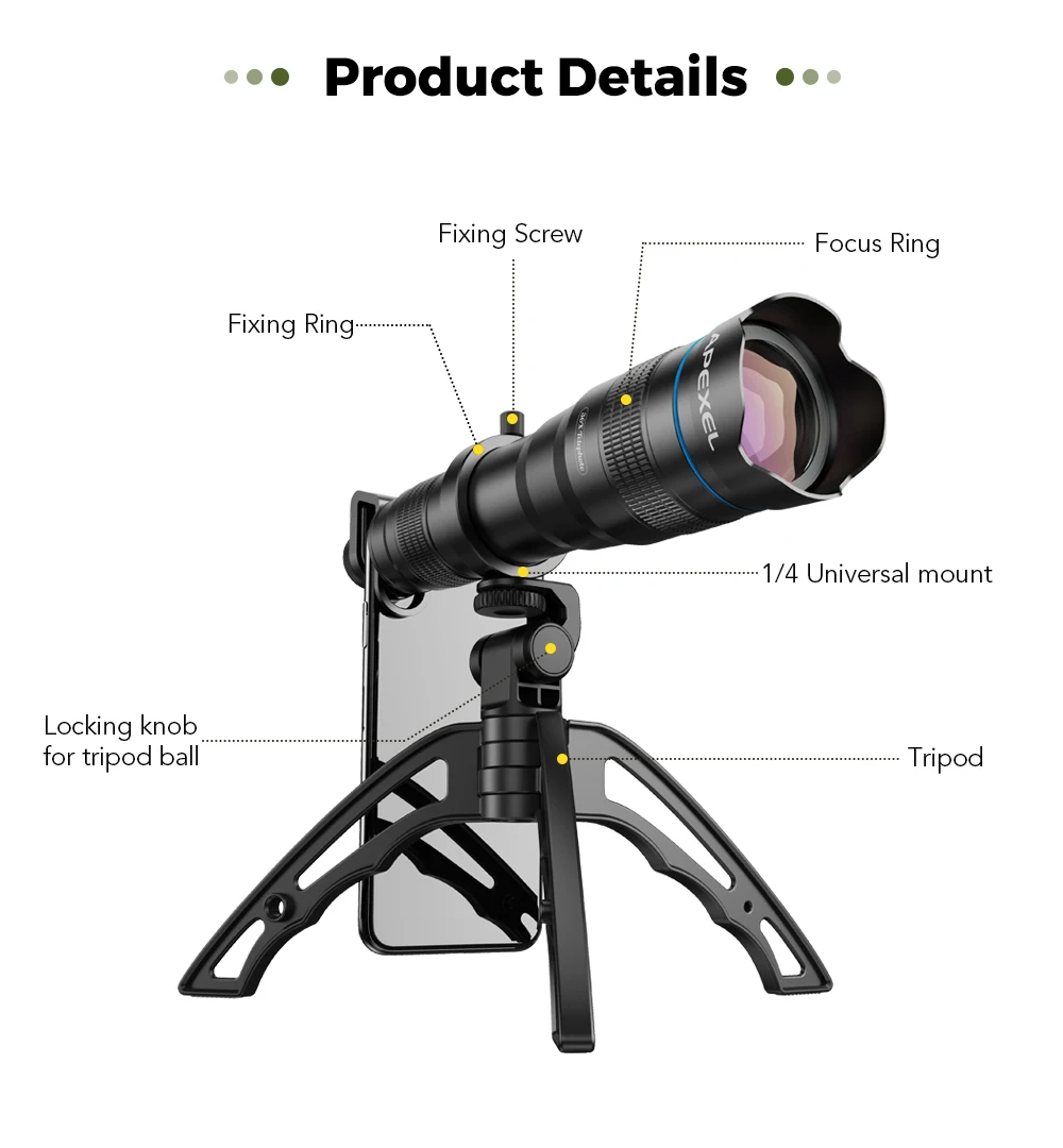 

APEXEL 60X Phone Lens Camera Telephoto Zoom Monocular Telescope Lens For All Smartphones Adjustable Cell Phone Lenses