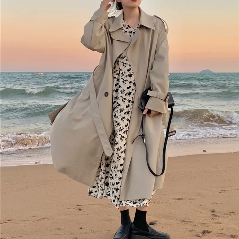 Тренчкот женский двубортный свободного покроя Длинный плащ-Тренч ветровка
