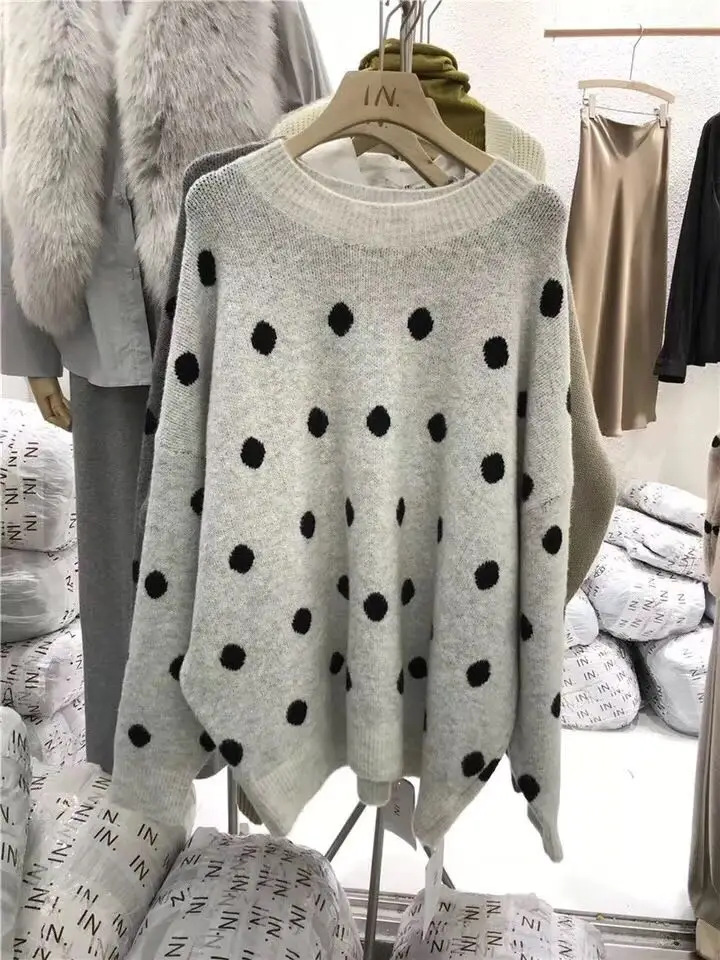Серый 3 вида цветов осень шикарный стиль с узором в горошек; плотные теплые с длинным рукавом пуловер, вязаные свитера женские(N0033 - Цвет: Серый