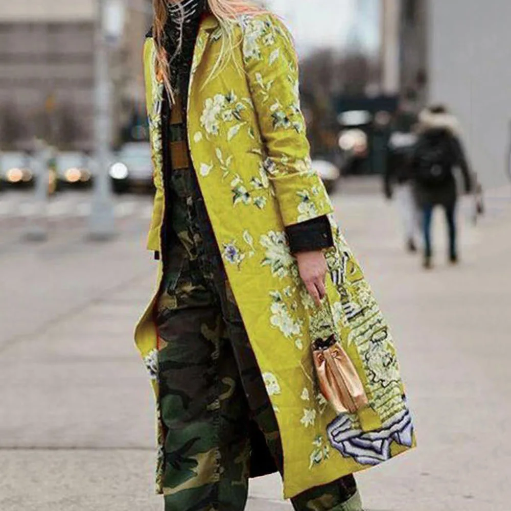 Винтажное осеннее длинное пальто с цветочным принтом 2019 зимнее прямое Женское