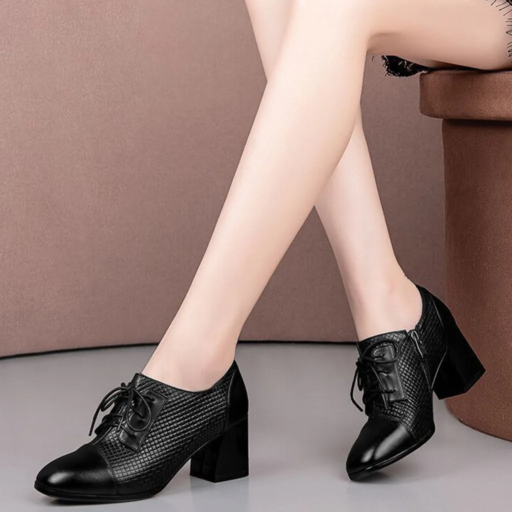 Кожаные туфли Женские черные на квадратном каблуке Повседневные туфли-лодочки