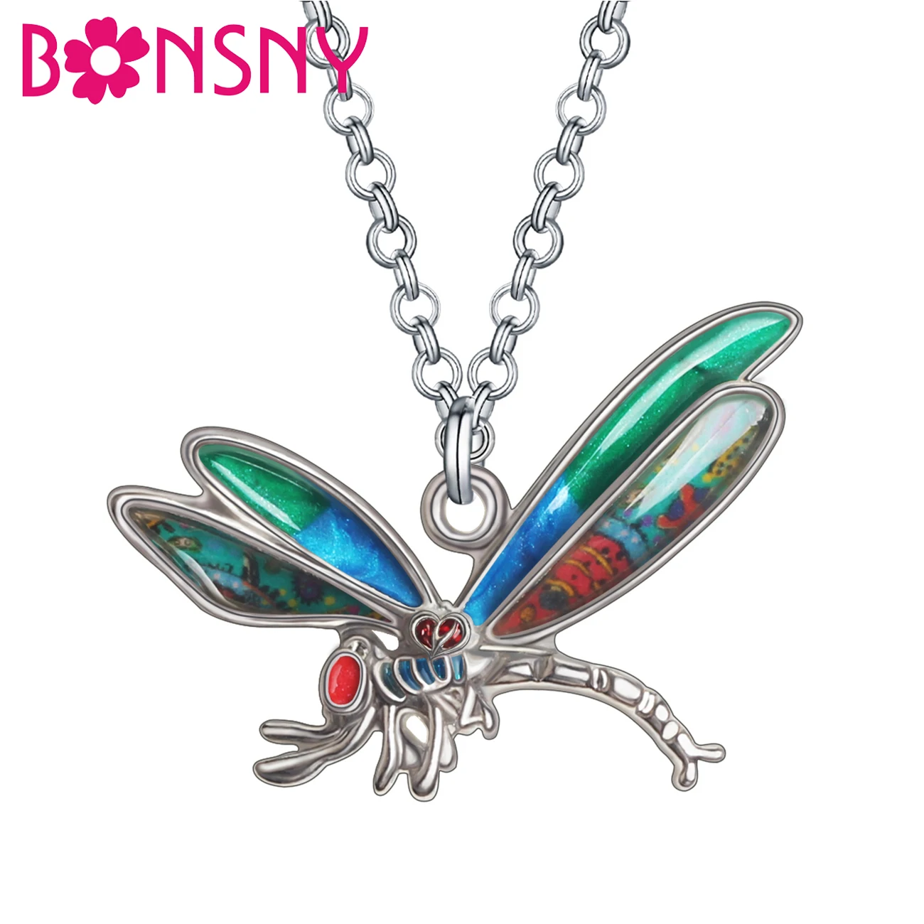 

BONSNY Enamel Alloy Floral Flying Dragonfly Necklace Insect Pendant Chain Trendy Animals Jewelry For Women Men Teens Charm Gifts