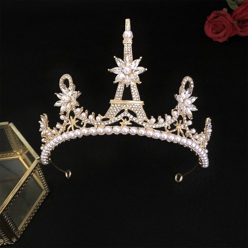 

2021New Bridal Headdress Eiffel Tower Crown Pearl Rhinestone Hair Accessories Wedding Wedding Accessories Headdress Headband