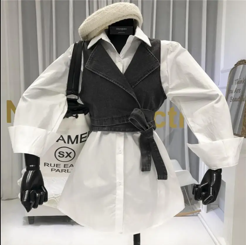 Новый весенний Модный маленький джинсовый жилет + простая белая рубашка с