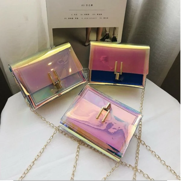 

New Hot Sell Fashion Style Fashion Women Laser Transparent Shoulder Chian Bag Tote Square Shape PU Leather Crossbody Travel Bags