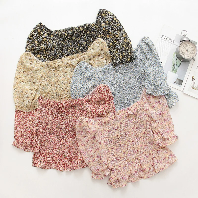 

Sweet Floral Chiffon Ruffles Blusas Women Puff Sleeve Short Sleeve Blouses Female Cozy Square Neck Shirts Soft Femme Ropa Mujer