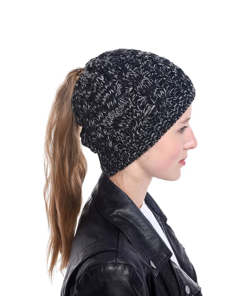 Зима женский хвостик грязная шапка Beanie Шапка мягкая вязаная теплая Осенняя уличная Спортивная повседневная шапка куполообразная вязаный головной убор