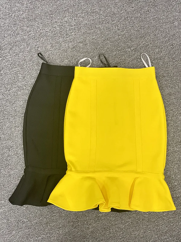 

High quality Black Yellow Short Ruffles Rayon bandages Skirts celebrity Club Party Pencil skirts