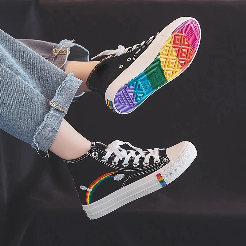 

Women's Fashion 2021 Vulcanized Shoes Woman Sneakers New Rainbow Retro Canvas Shoes Flat Fashion Comfortable High Shoes Women