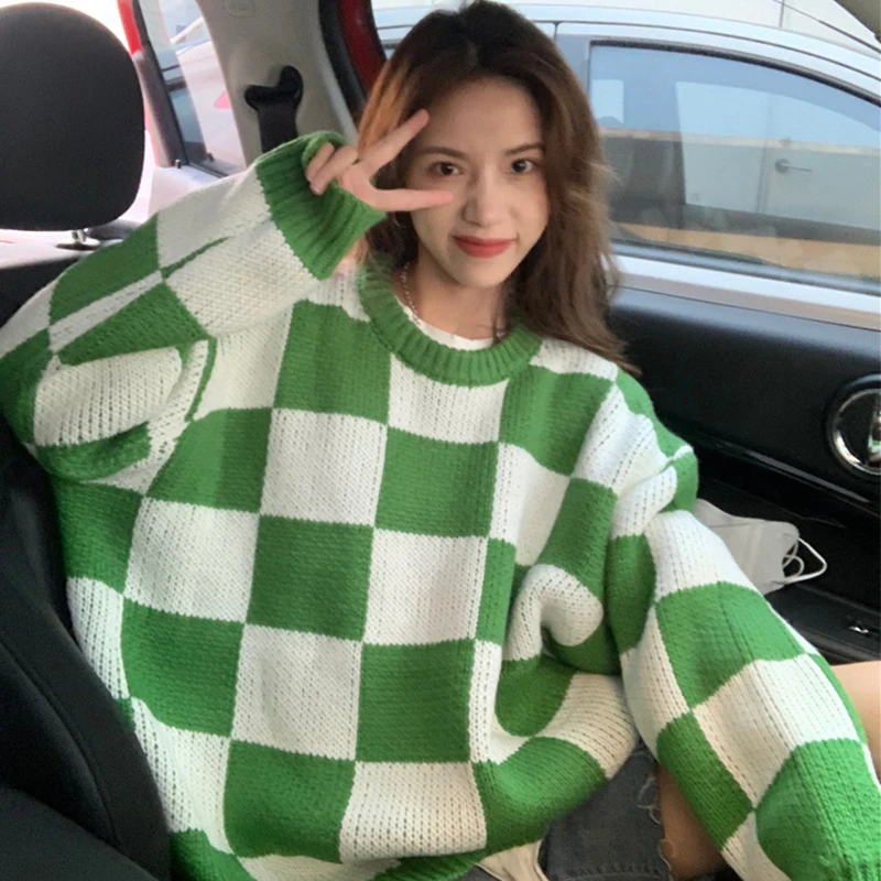 

Женский свитер в клетку с круглым вырезом, с длинным рукавом