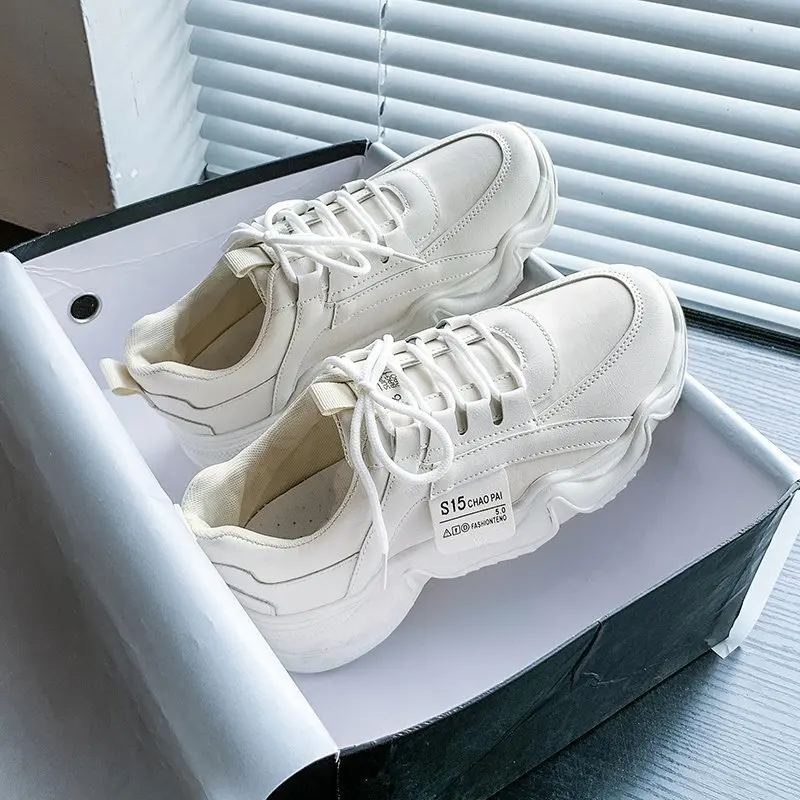 

White Sneakers Women 2021 Spring Casual Soft PU Leather Platform Shoes Vulcanized Dad Sneakers Beige Summer Chunky Shoes Women