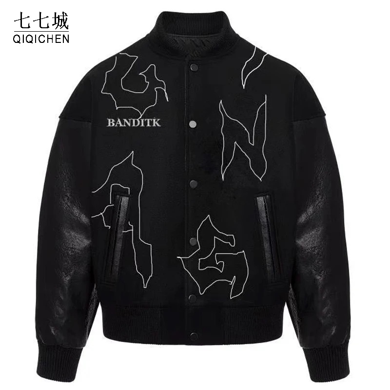 

Hip Hop Baseball Jackets Men Women Diamonds Letter Sanskrit Patchwork Harajuku Varsity Jacket Street Bomber Coats Unisex 2021