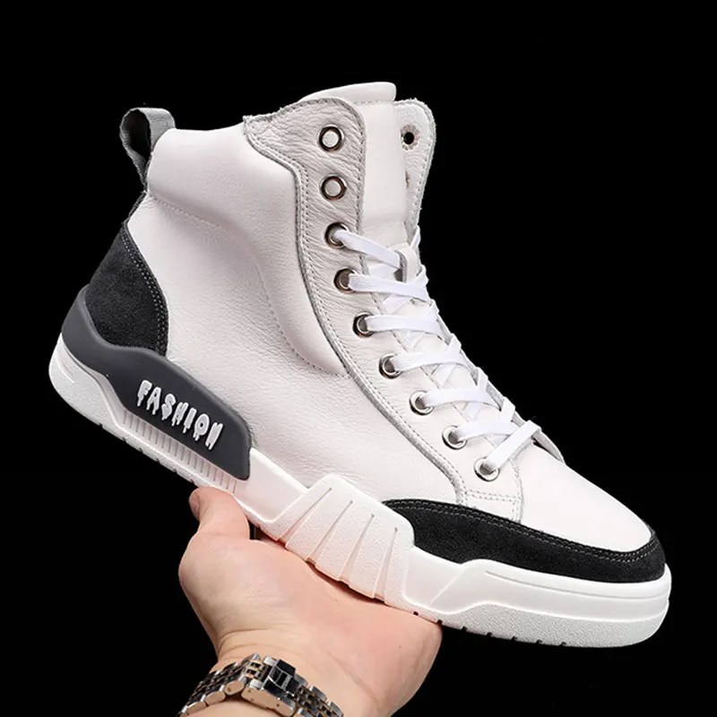 

Owen Seak Men Ankle Boots Genuine Leather Height Increasing Luxury Lace Up Trainers Snow Boots Casual Flats Black White Shoes