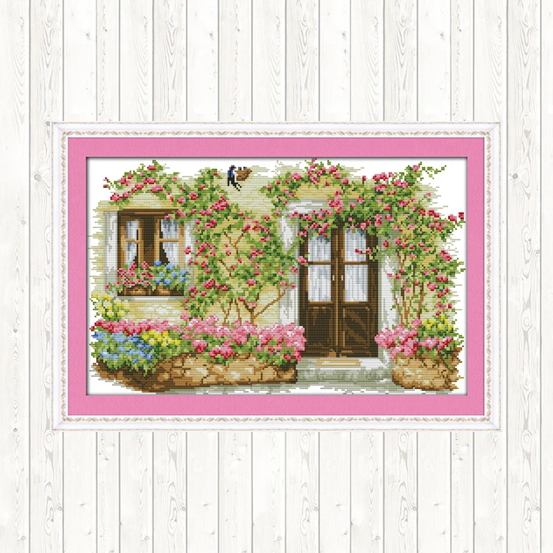 

Rose Cabin Patterns Cross Stitch Kits Sale 14ct 11ct Counted Printed on Canvas DIY Needlework Cross Stitch Sets for Embroidery