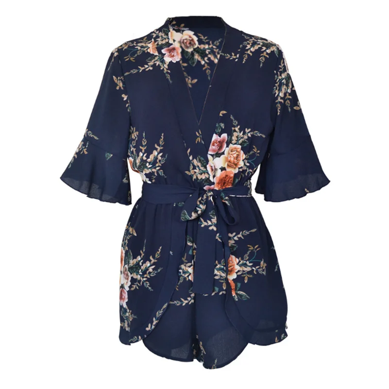 

Summer with Boho Sexy Fashion Jumpsuit Women Print 2021 v neck Playsuits Overalls Bow Bohemian Casual Rompers Shorts Floral