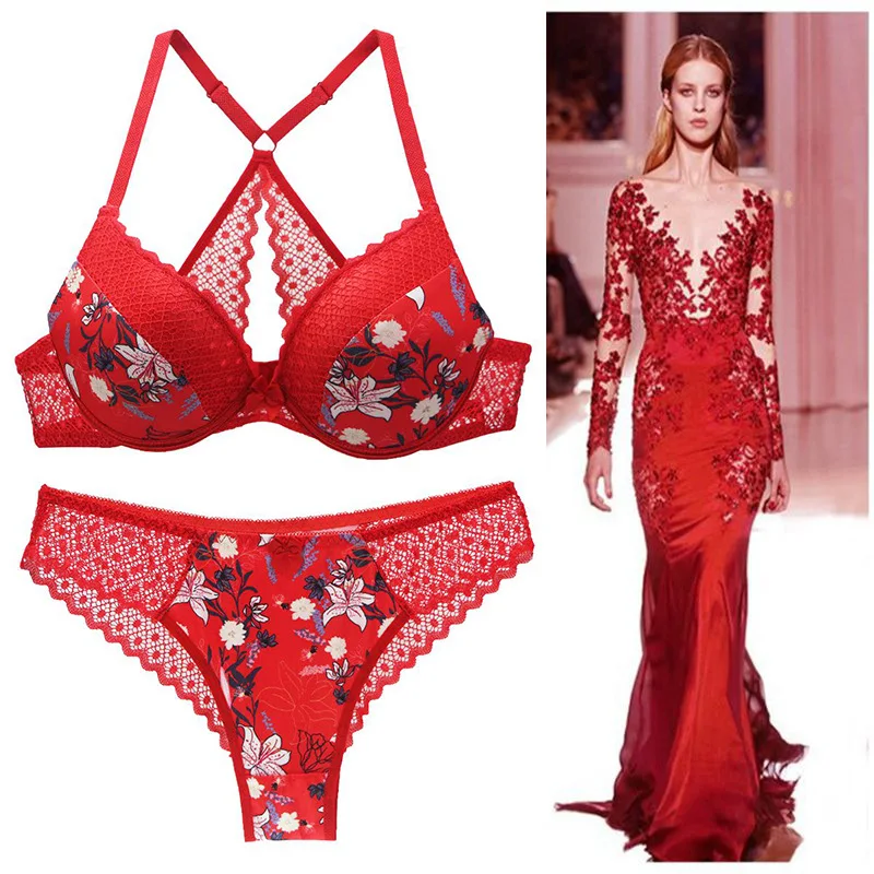 

Women's Bra & Brief Sets Lace Beautiful Back Push Up Bra Sets Printing Sexy Women's Lace French Underwear Two Piece Sets