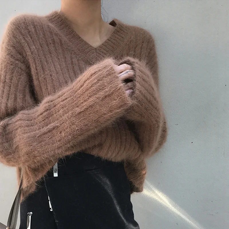 

Женский мохеровый свитер, свободные пуловеры в Корейском стиле с V-образным вырезом, пушистые свитера для осени и зимы