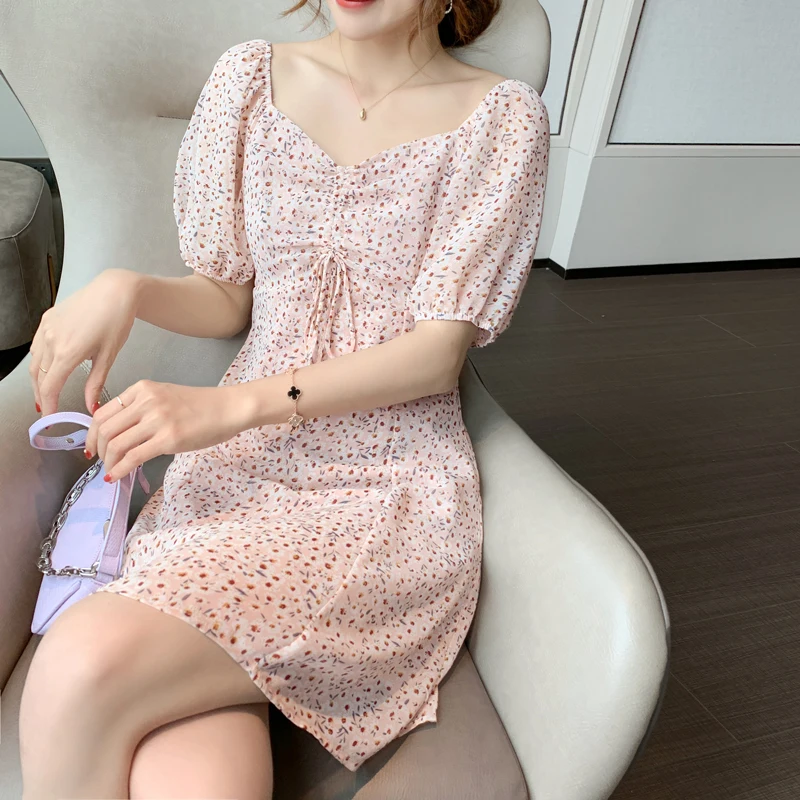 

Will the new French smoke rope hubble-bubble sleeve skirt of tall waist party led small broken flower brief paragraph female sum