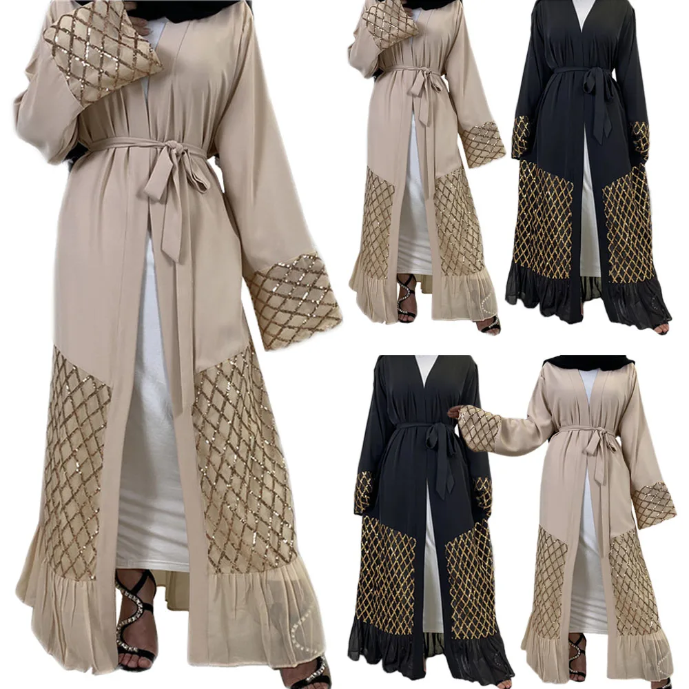 

Luxury Sequins Middl East Islamic Muslim Women Abayas Arabic Maxi Robe Gown Dubai Kaftan Kimono Cardigan Ramadan Eid Mubarak New
