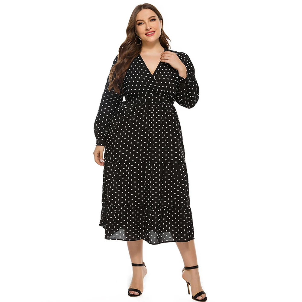 Женское шифоновое платье макси длинное с V-образным вырезом и принтом в горошек